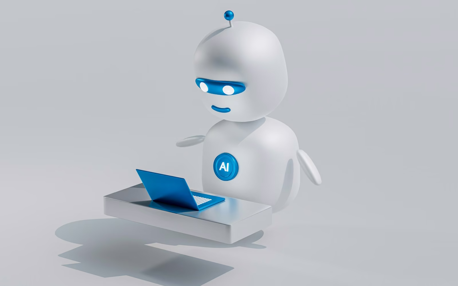 Ilustrasi robot putih kecil yang menggunakan laptop