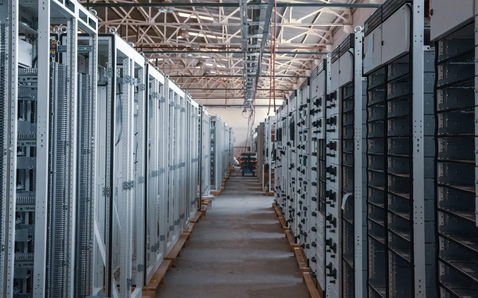 Lorong dengan rak peralatan di ruang server