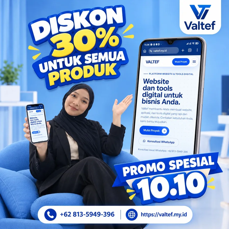 Poster Promo Spesial 10.10: diskon 30% untuk semua produk Valtef